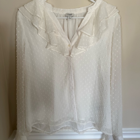 J. Crew Ivory Clip-Dot V-Neck Ruffled Button Up Long Sleeve Shirt Size Large - Picture 2 of 8